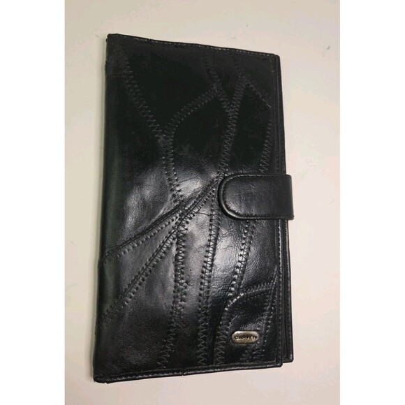 CARVEN Paris France Black Patch Leather Metal Snap Long Wallet Vintage - Picture 1 of 9
